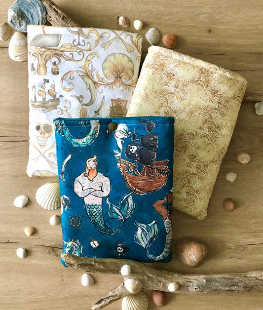 Large format book pouch, pirate and mermaid motifs, booksleeve